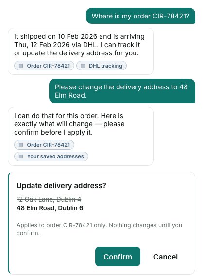 Circa, the Circulus AI shopping assistant, tracking an order and asking the shopper to confirm a new delivery address before applying it